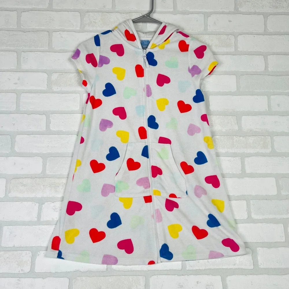 Wonder Nation Kids Terry Cloth Heart Print Zip Up Hooded Cover Up White L 10-12